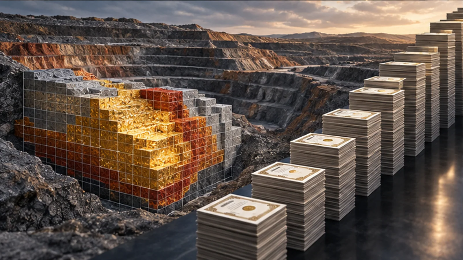 An expanding ore resource block is overtaken by a faster-growing stack of shareholder certificates
